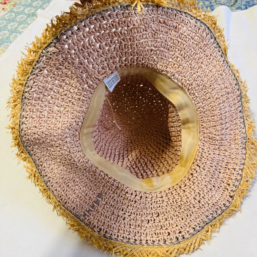 Sun Hat Tan‎ Pink Woven Paper Straw Wide Brim Fringed Edge Boho Beach Summer